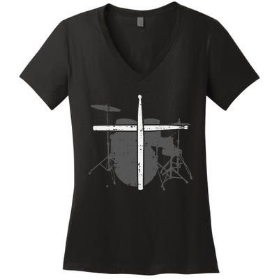 Drums Cross Drumstick Music Jesus Christian Band Women's V-Neck T-Shirt