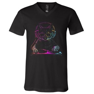 Dj Cat Edm Techno House Music Funny Cat Lover V-Neck T-Shirt