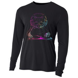 Dj Cat Edm Techno House Music Funny Cat Lover Cooling Performance Long Sleeve Crew