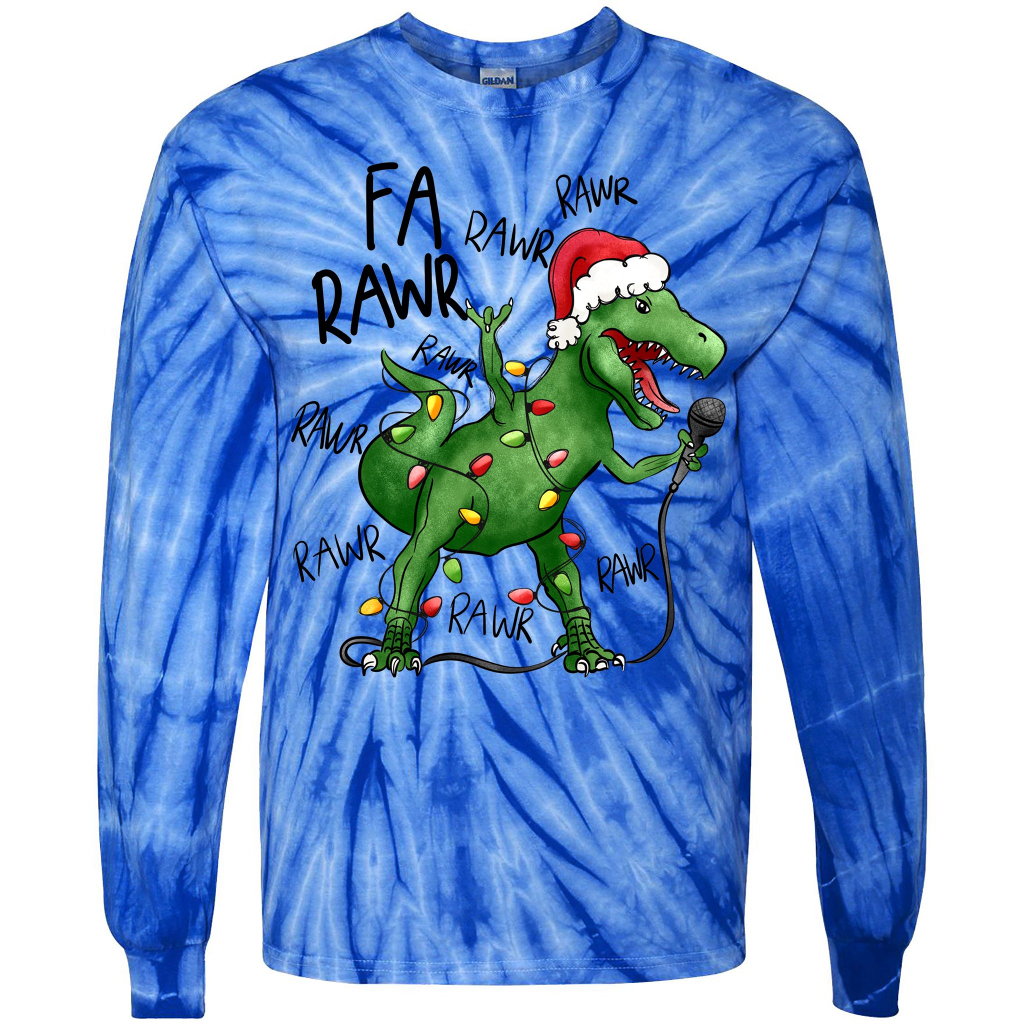 Dinosaur Christmas Fa Ra Rawr Tree Rex Xmas Dino Gift Tie-Dye Long Sleeve Shirt