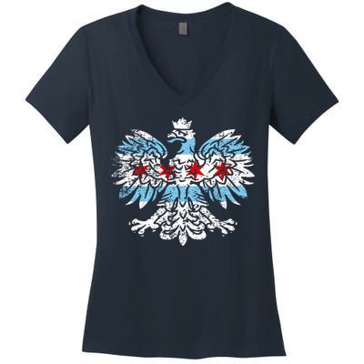 Distressed Chicago Flag Polish Poland Eagle Women's V-Neck T-Shirt