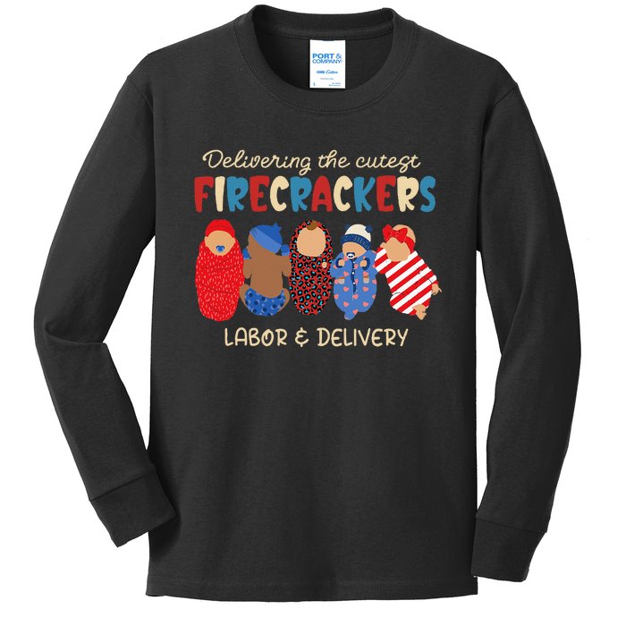 Delivering Cutest Firecrackers Labor & Delivery 4th Of July Kids Long Sleeve Shirt