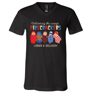 Delivering Cutest Firecrackers Labor & Delivery 4th Of July V-Neck T-Shirt