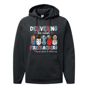 Delivering Cutest Firecracker Labor Delivery Nurse 4th July Performance Fleece Hoodie