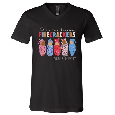 Delivering Cutest Firecrackers Funny L&D Nurse 4th Of V-Neck T-Shirt