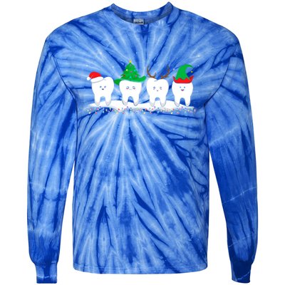 Dentist Christmas Funny Tooth Dental Gift With Xmas Hats Gift Tie-Dye Long Sleeve Shirt