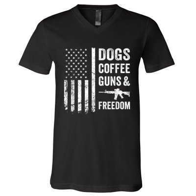 DOGS COFFEE GUNS & FREEDOM Funny Pro Gun American Flag V-Neck T-Shirt