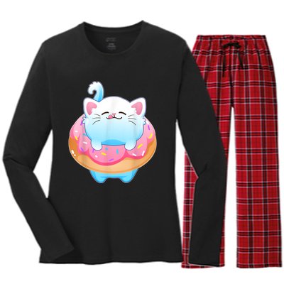 Donut Cat Gifts For Kitty Lovers S Women's Long Sleeve Flannel Pajama Set 