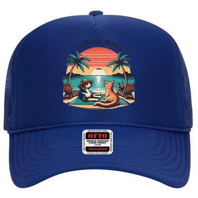 Dog & Cat Harris Walz 2024 Election Sunset High Crown Mesh Back Trucker Hat