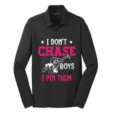 Dont Chase I Pin Them Wrestling Wrestler Gift Silk Touch Performance Long Sleeve Polo