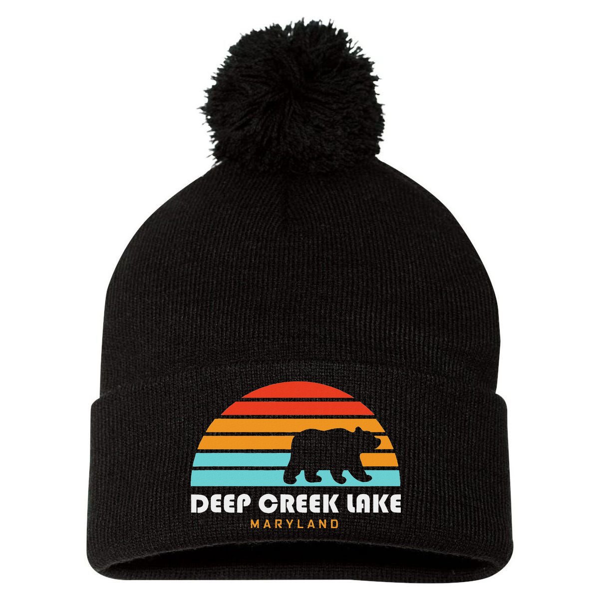 Deep Creek Lake Maryland Bear Deep Creek Lake Pom Pom 12in Knit Beanie