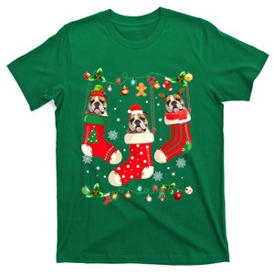 Dog Christmas Light Three English Bulldog In Christmas Sock T-Shirt