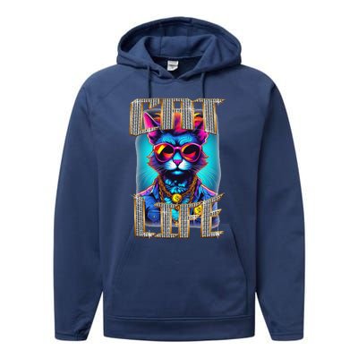 Diamond Cat Life With Glasses And Necklace Performance Fleece Hoodie