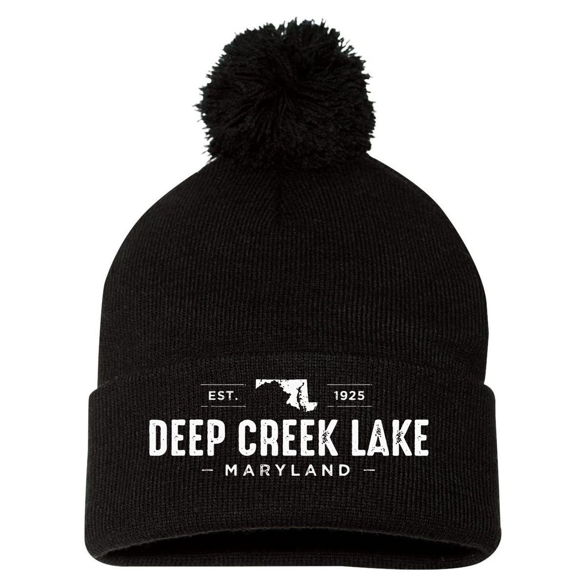 Deep Creek Lake Maryland Pom Pom 12in Knit Beanie