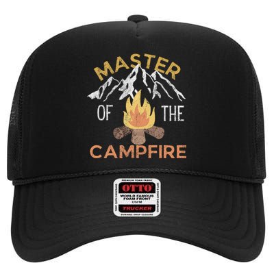 Distressed Camping Lovers Master Of The Campfire High Crown Mesh Back Trucker Hat