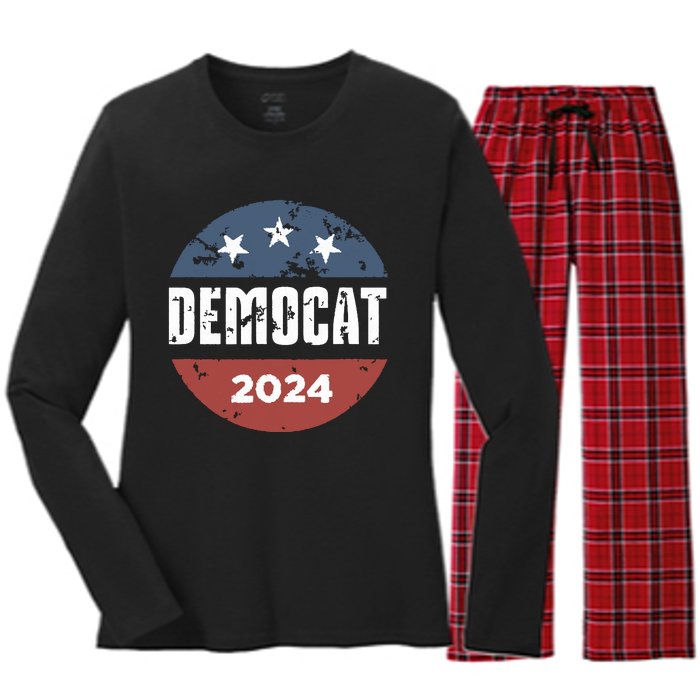 Democat Cat Lover Kamala Harris For President 2024 Women's Long Sleeve Flannel Pajama Set 