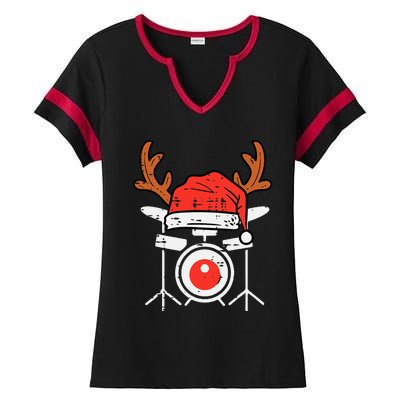 Drums Christmas Music Instrument Band Drummer Rock Xmas Ladies Halftime Notch Neck Tee