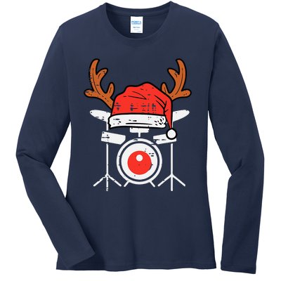 Drums Christmas Music Instrument Band Drummer Rock Xmas Ladies Long Sleeve Shirt