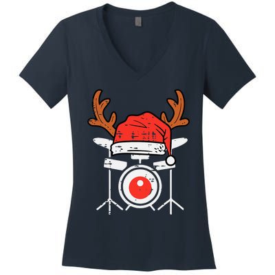 Drums Christmas Music Instrument Band Drummer Rock Xmas Women's V-Neck T-Shirt