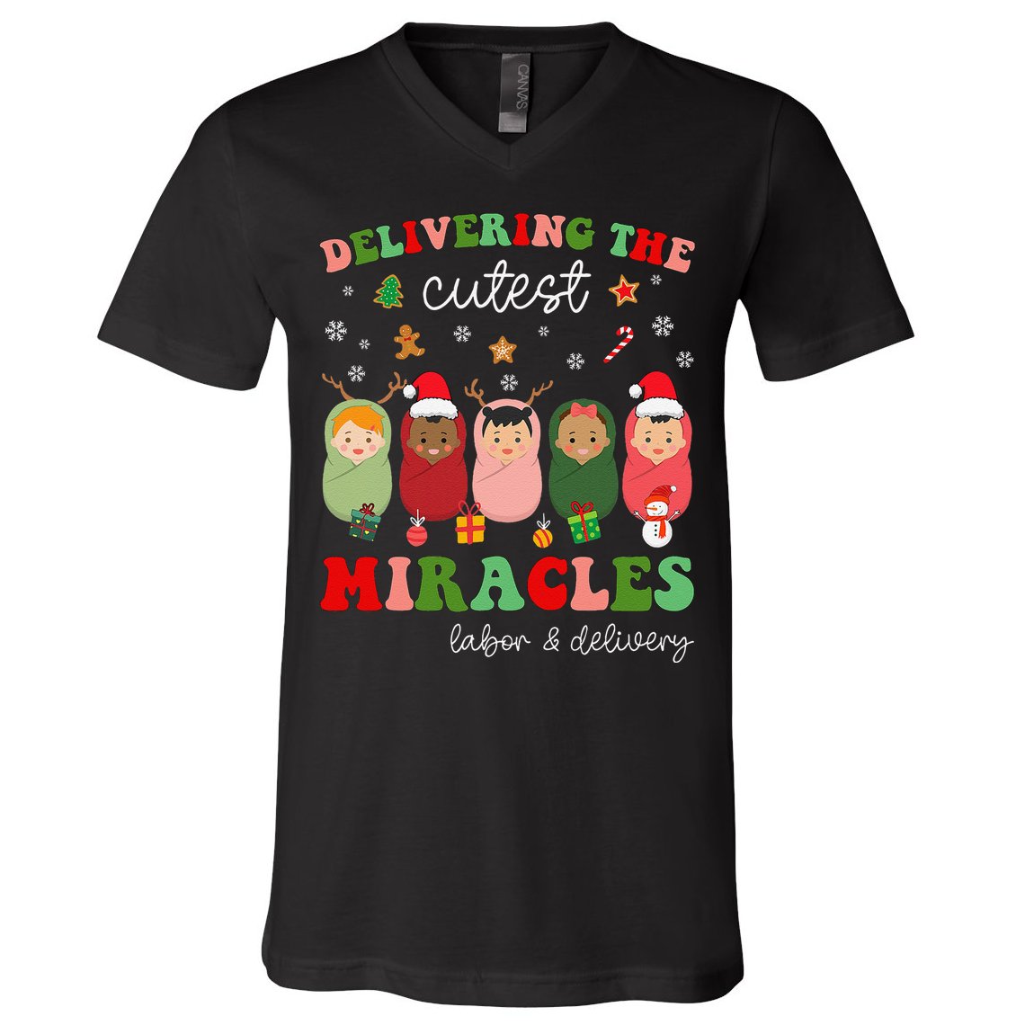 Delivering Cutest Miracles Labor & Delivery Nurse Christmas V-Neck T-Shirt