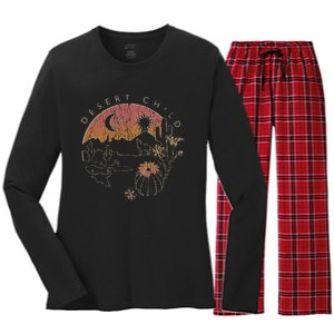 Desert Child Night Landscape Outline Women's Long Sleeve Flannel Pajama Set 