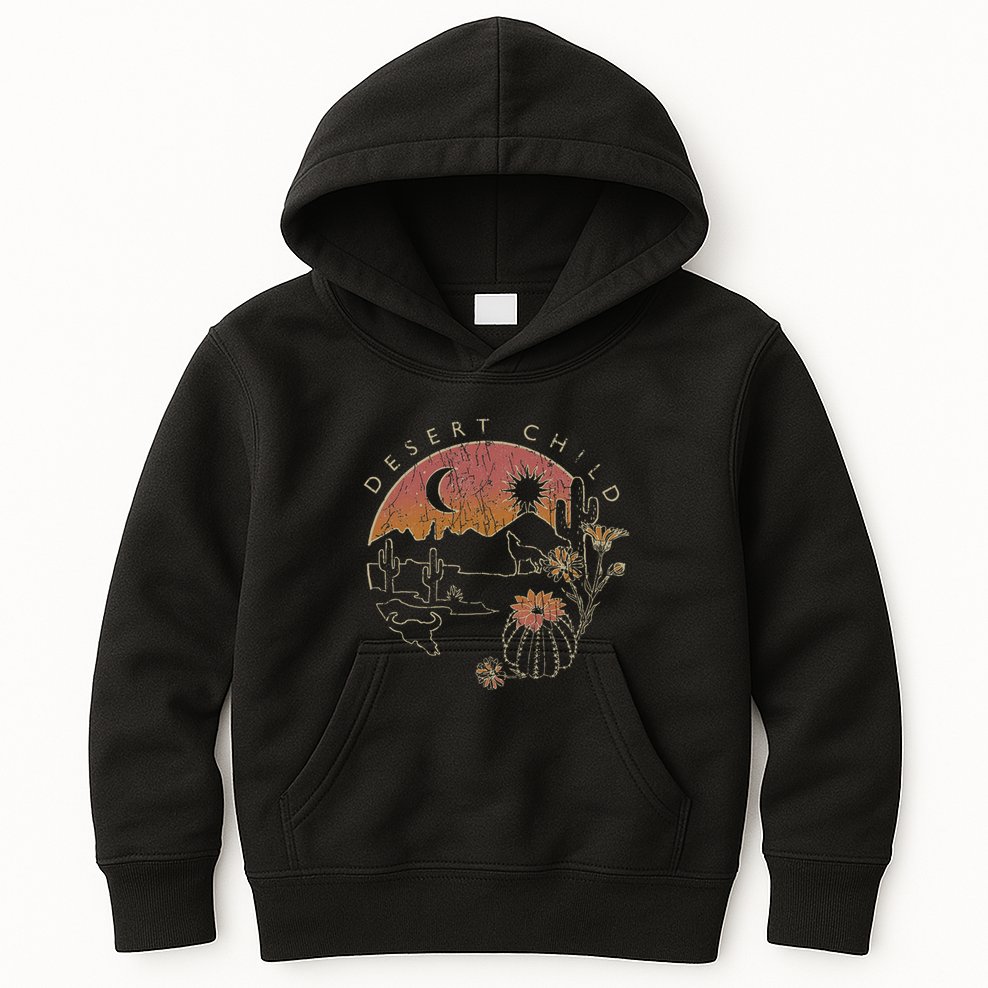 Desert Child Night Landscape Outline Kids Hoodie