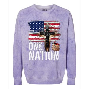 Distressed Christian One Nation Crown Of Thorns Patriotic Colorblast Crewneck Sweatshirt