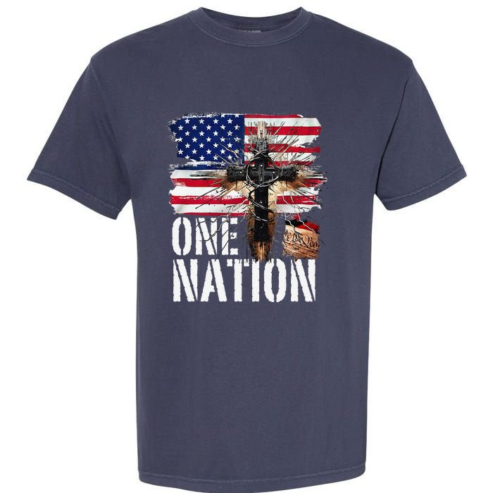 Distressed Christian One Nation Crown Of Thorns Patriotic Garment-Dyed Heavyweight T-Shirt