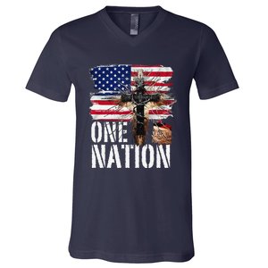 Distressed Christian One Nation Crown Of Thorns Patriotic V-Neck T-Shirt