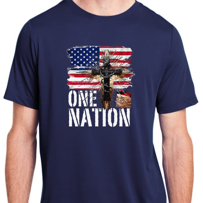 Distressed Christian One Nation Crown Of Thorns Patriotic Adult ChromaSoft Performance T-Shirt