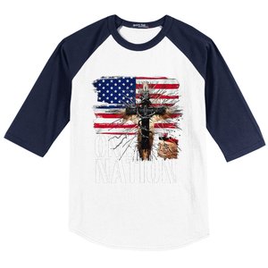 Distressed Christian One Nation Crown Of Thorns Patriotic Baseball Sleeve Shirt