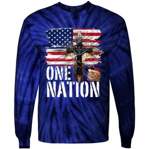 Distressed Christian One Nation Crown Of Thorns Patriotic Tie-Dye Long Sleeve Shirt