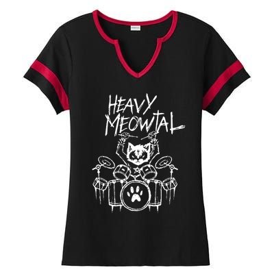 Drummer Cat Playing Drum Ladies Halftime Notch Neck Tee