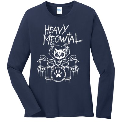 Drummer Cat Playing Drum Ladies Long Sleeve Shirt