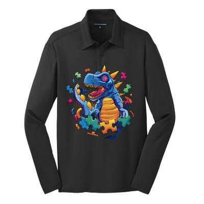 Dinosaur Colorful Puzzle Pieces Silk Touch Performance Long Sleeve Polo