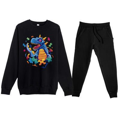 Dinosaur Colorful Puzzle Pieces Premium Crewneck Sweatsuit Set