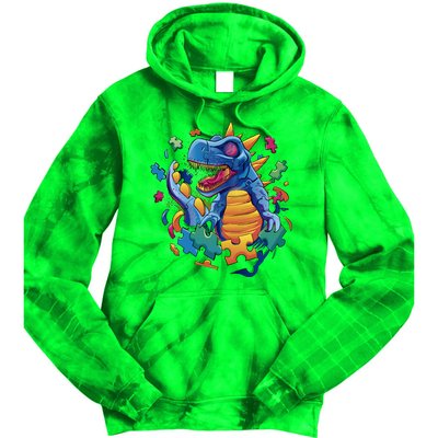 Dinosaur Colorful Puzzle Pieces Tie Dye Hoodie