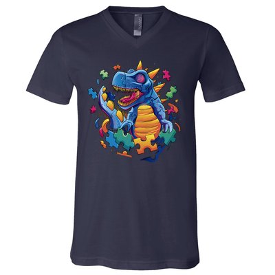 Dinosaur Colorful Puzzle Pieces V-Neck T-Shirt