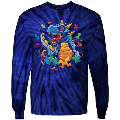 Dinosaur Colorful Puzzle Pieces Tie-Dye Long Sleeve Shirt