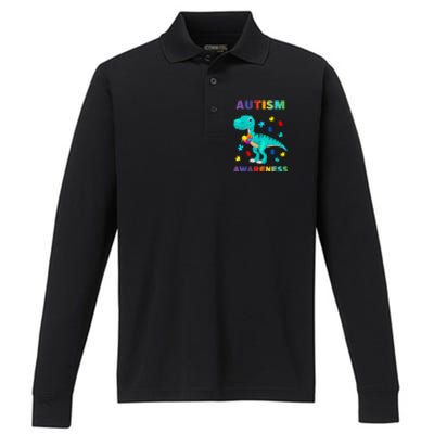 Dinosaur Colorful Puzzle Autism Awareness Performance Long Sleeve Polo