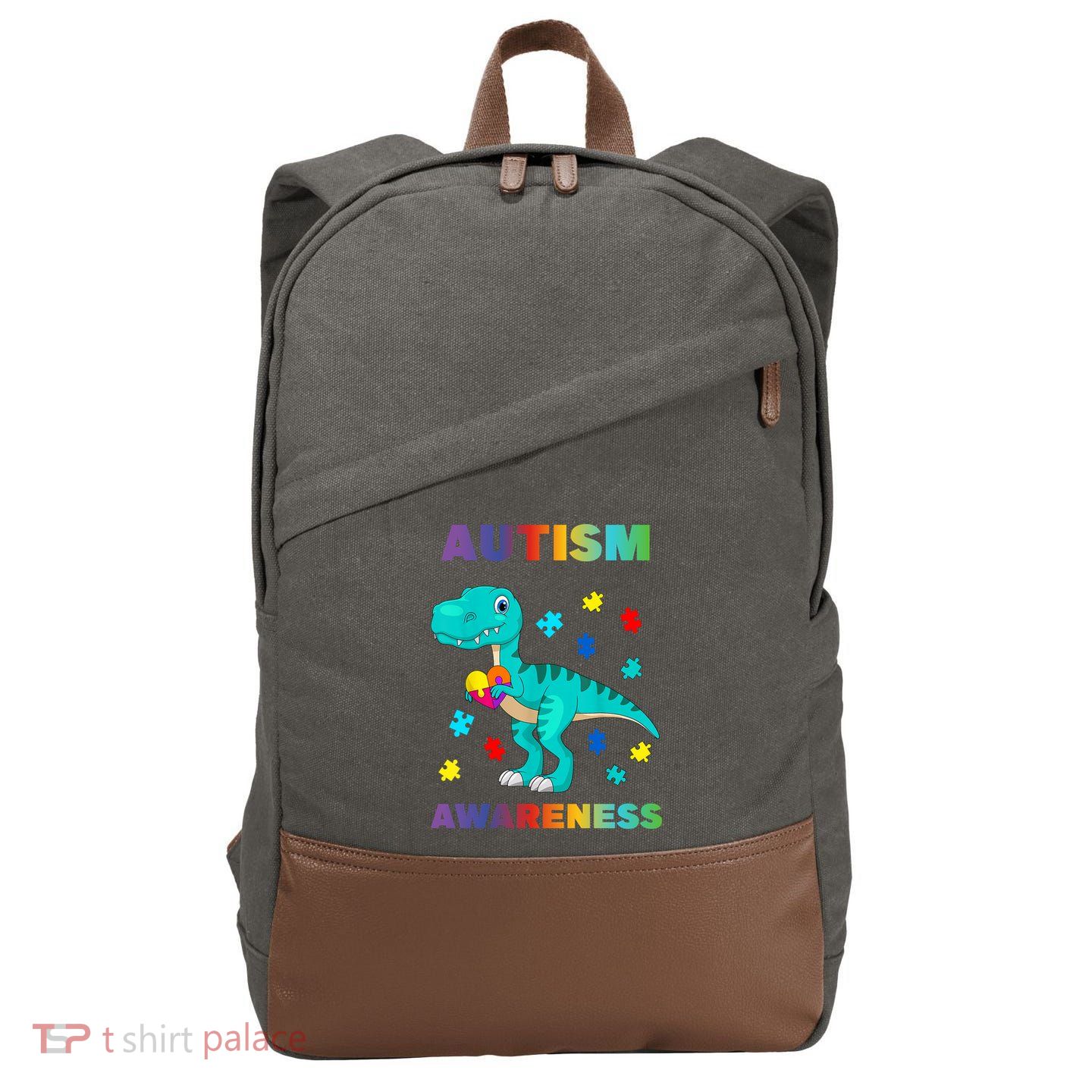 Dinosaur Colorful Puzzle Autism Awareness Cotton Canvas Backpack
