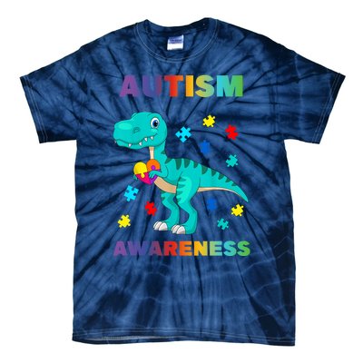 Dinosaur Colorful Puzzle Autism Awareness Tie-Dye T-Shirt