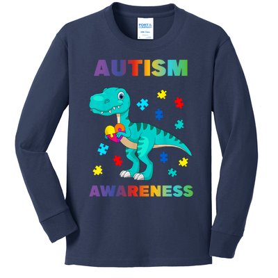 Dinosaur Colorful Puzzle Autism Awareness Kids Long Sleeve Shirt