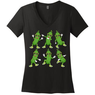 Dabbing Cucumber Pickle Dancing Wearing Sunglasses Dab Dance Women's V-Neck T-Shirt