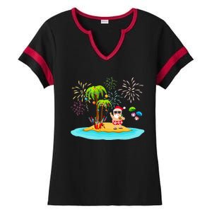 Decorated Christmas Palm Tree Tropical Xmas Coconut Lights Ladies Halftime Notch Neck Tee