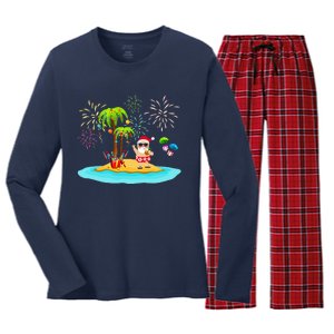 Decorated Christmas Palm Tree Tropical Xmas Coconut Lights Women's Long Sleeve Flannel Pajama Set 