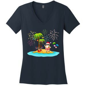 Decorated Christmas Palm Tree Tropical Xmas Coconut Lights Women's V-Neck T-Shirt