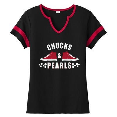 Democratic Campaign Political Rally Merch Chucks Pearls 2024 Ladies Halftime Notch Neck Tee