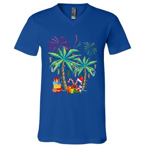 Decorated Christmas Palm Tree Tropical Xmas Coconut Lights Cute Gift V-Neck T-Shirt