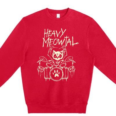 Drummer Cat Playing Drum Heavy Metal Headbanger Gift Premium Crewneck Sweatshirt